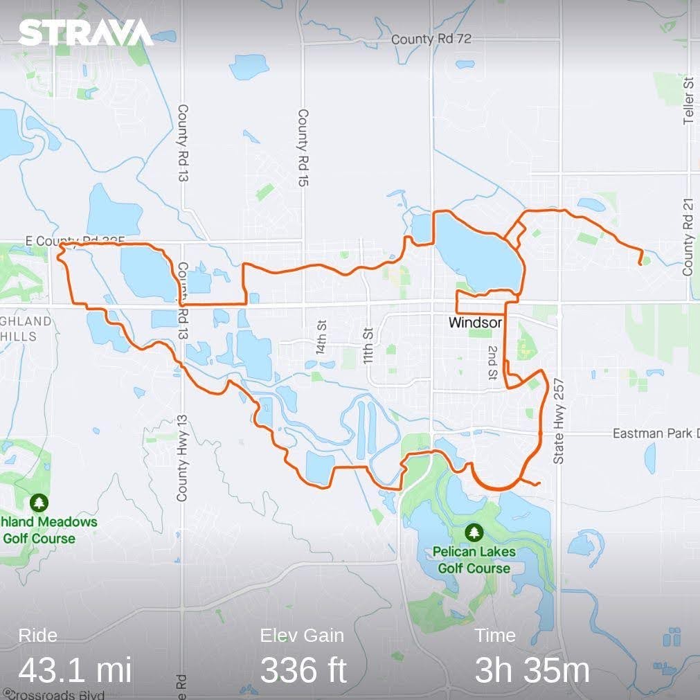 A map of Windsor, Colorado, showing a bike route imposed on it, using red lines, along the trail, forming a connected shape.